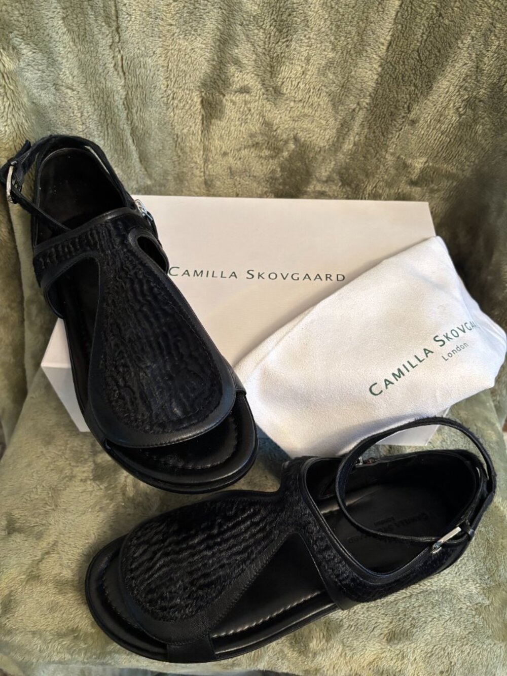 Camilla Skovgaard Black Leather Fur-like Sandals (Women's Size: 11 US | 41 EU)